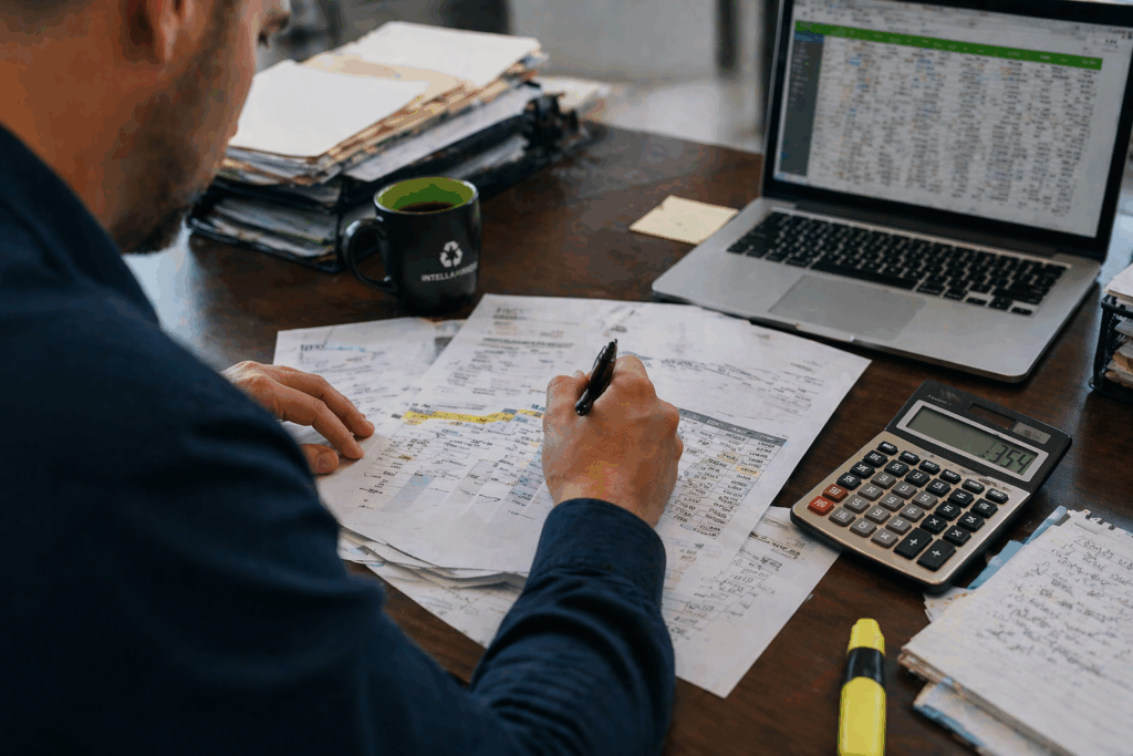 Business professional reviewing invoices and expenses to identify waste cost savings across multiple locations