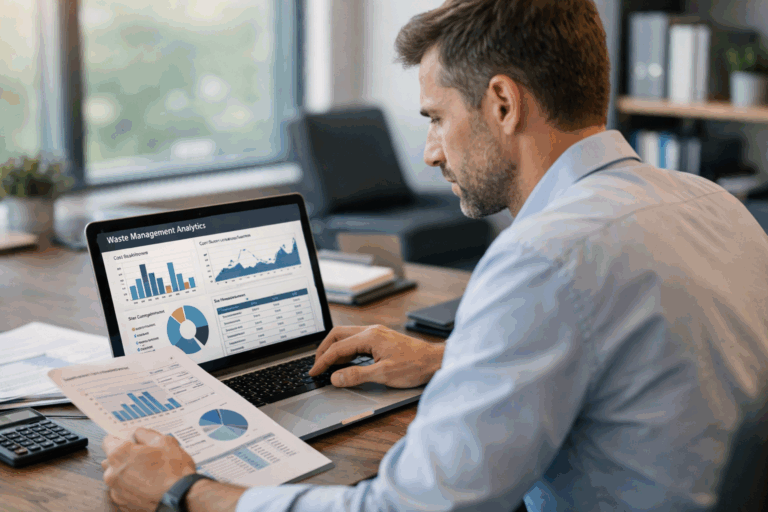 Business professional analyzing data to identify overpaying for waste services