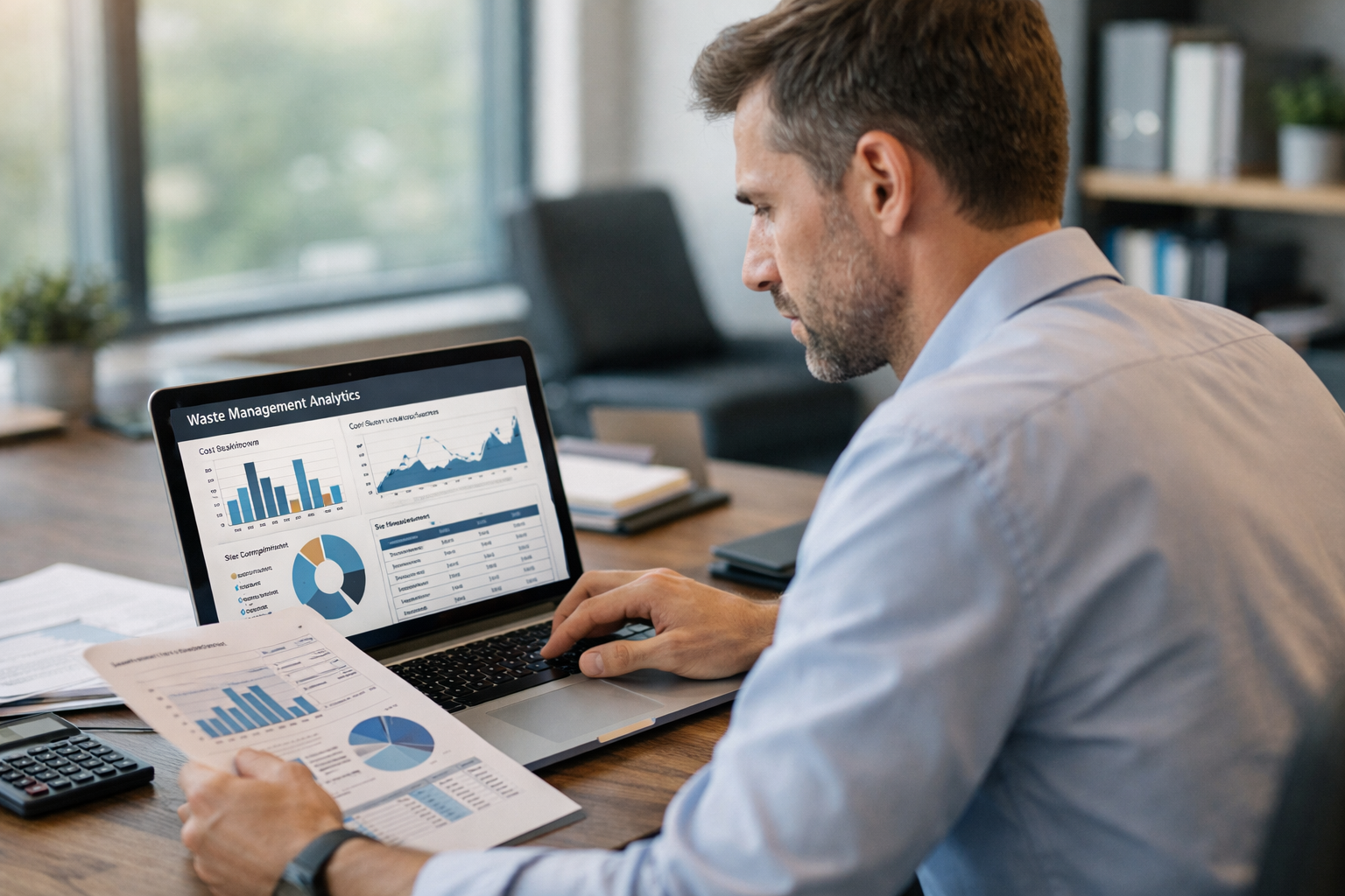 Business professional analyzing data to identify overpaying for waste services