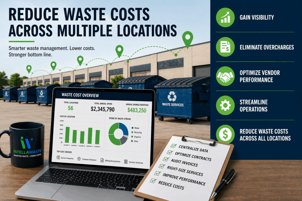 IntellaWaste dashboard showing waste cost savings and multi-location waste management optimization strategy