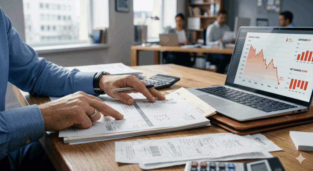Business owner reviewing waste management invoices and financial documents showing the real cost of poor waste data visibility including overbilling and missed revenue
