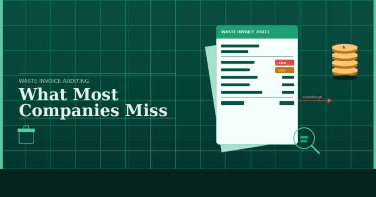 Illustration of waste invoice auditing showing billing errors, duplicate charges, and overcharges in business invoices