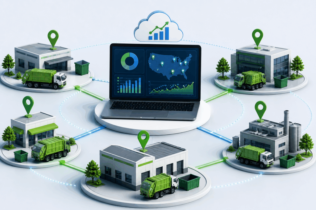 Waste management software dashboard connecting multiple business locations with real-time tracking of waste spending and operational data