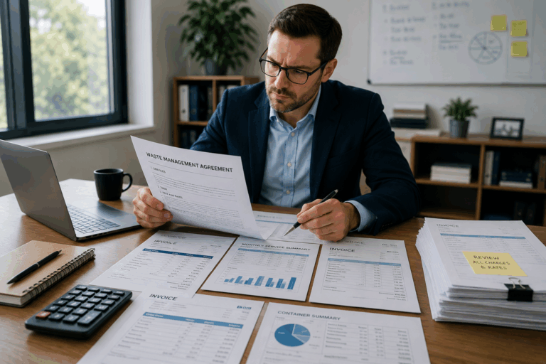 Business professional reviewing waste management contracts, invoices, and billing reports at a modern office desk with financial documents spread out for operational cost analysis and waste expense auditing