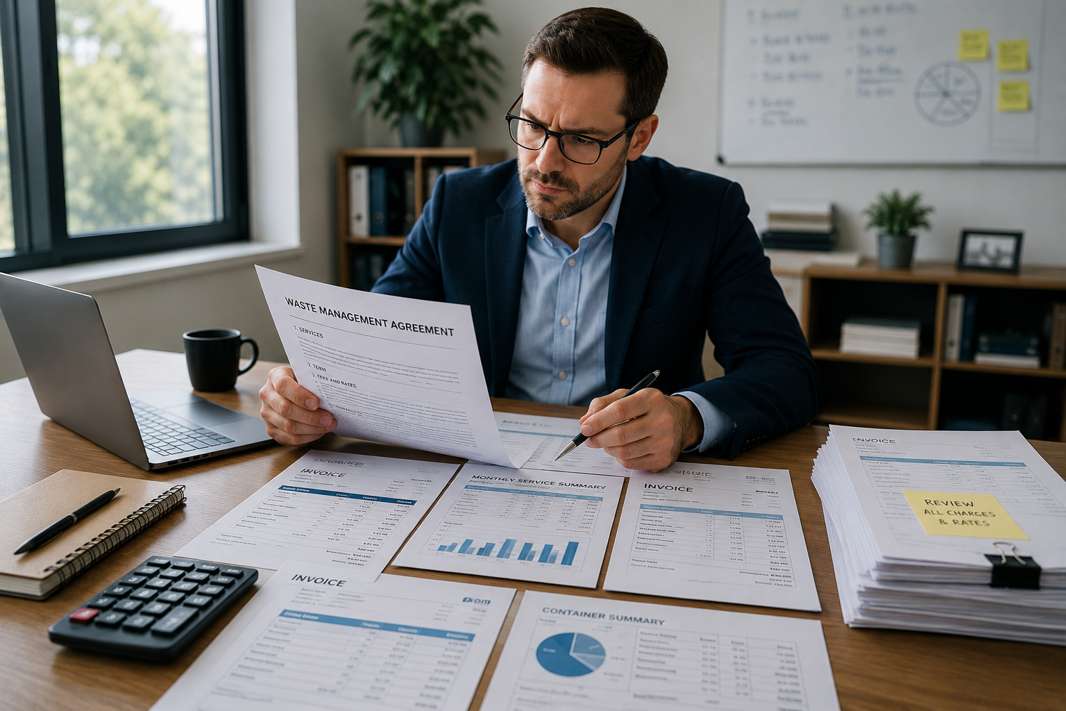 Business professional reviewing waste management contracts, invoices, and billing reports at a modern office desk with financial documents spread out for operational cost analysis and waste expense auditing