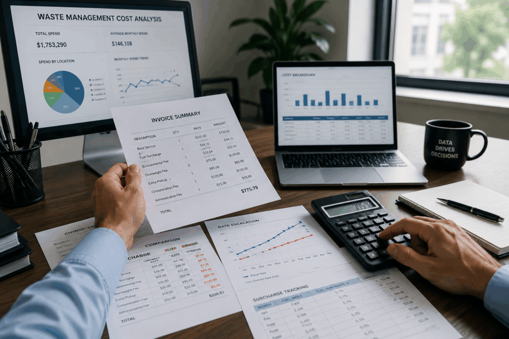 Business professional analyzing waste management invoices, surcharge reports, and contract costs in a modern office environment for waste expense auditing and operational cost reduction