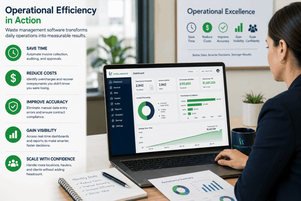 Waste management software dashboard demonstrating operational efficiency, automated invoice auditing, real-time reporting, cost reduction, analytics, and workflow automation for waste brokers and multi-location businesses nationwide.
