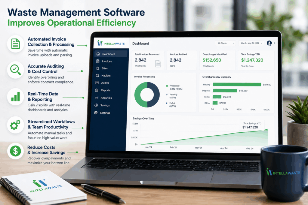 Waste management software dashboard displaying operational efficiency analytics, invoice automation, cost control reporting, waste auditing, and real-time business intelligence for multi-location companies and waste management operations nationwide.