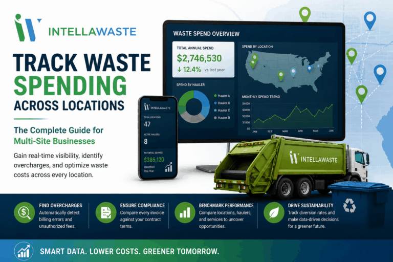 Waste management software dashboard tracking waste spending across multiple business locations with real-time analytics and cost optimization insights