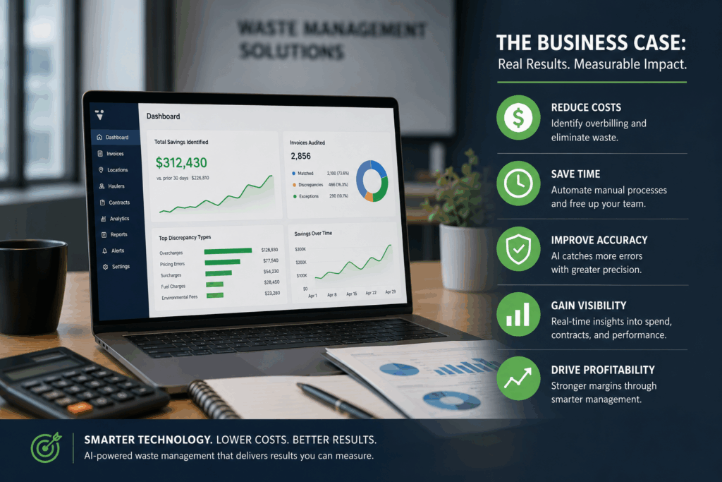 Business professional using AI-powered waste management software to analyze invoices, identify billing discrepancies, monitor waste spending, and improve operational efficiency through real-time data analytics.