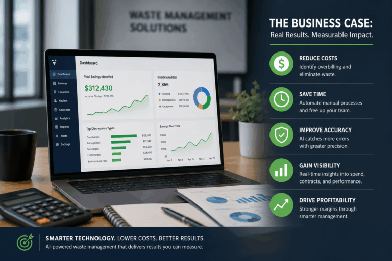 Business professional using AI-powered waste management software to analyze invoices, identify billing discrepancies, monitor waste spending, and improve operational efficiency through real-time data analytics.