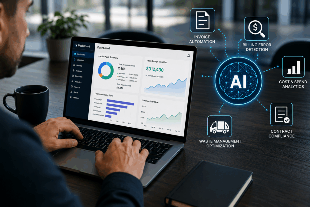 Professional reviewing an AI-powered waste management dashboard that automates invoice auditing, identifies billing discrepancies, analyzes waste spending, and improves operational efficiency through real-time data insights.