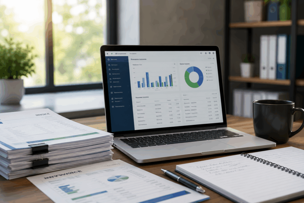 Modern office workspace with a laptop displaying an invoicing analytics dashboard, printed invoices, financial reports, and a calculator, representing automated waste broker invoice processing and month-end financial reporting.