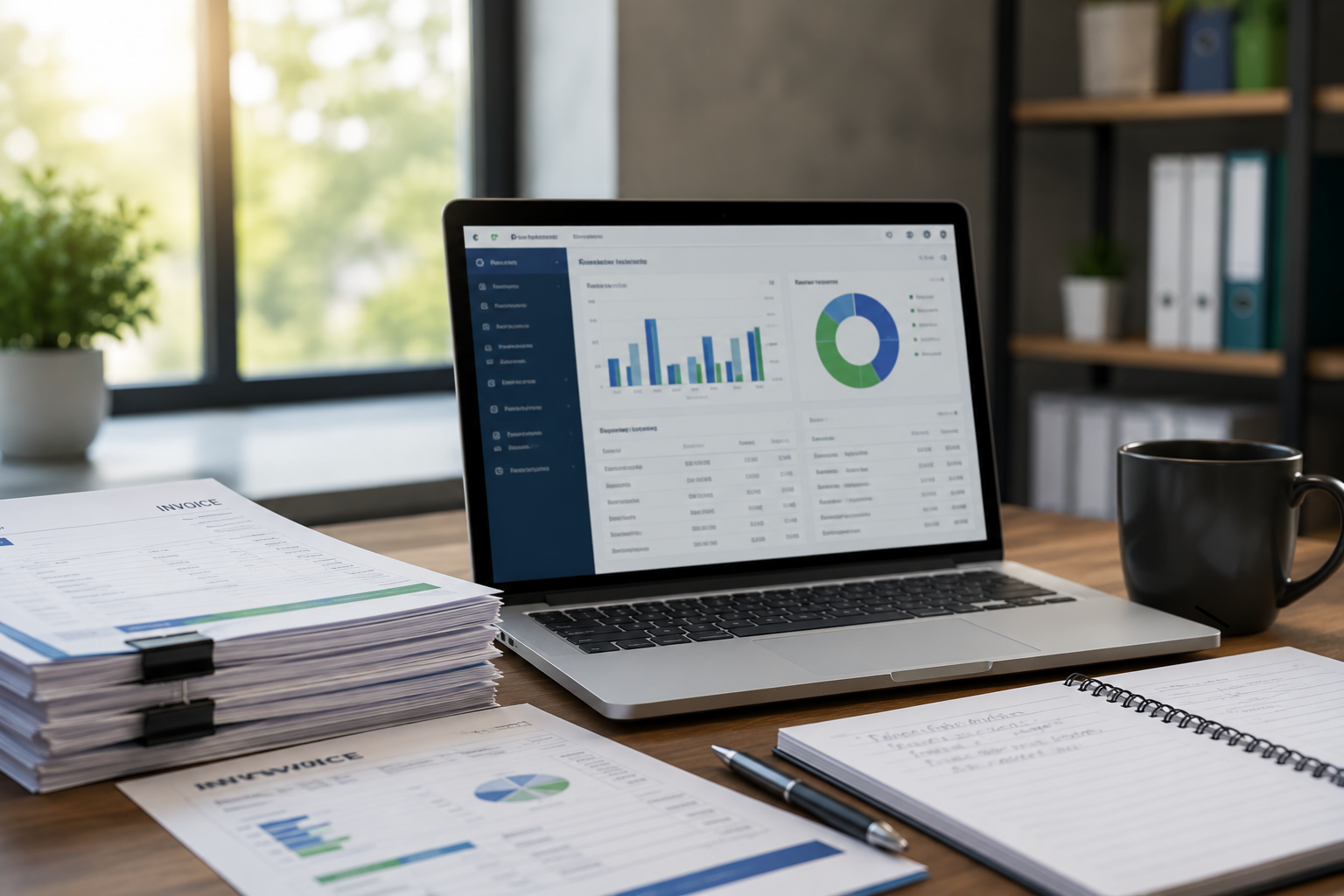 Modern office workspace with a laptop displaying an invoicing analytics dashboard, printed invoices, financial reports, and a calculator, representing automated waste broker invoice processing and month-end financial reporting.