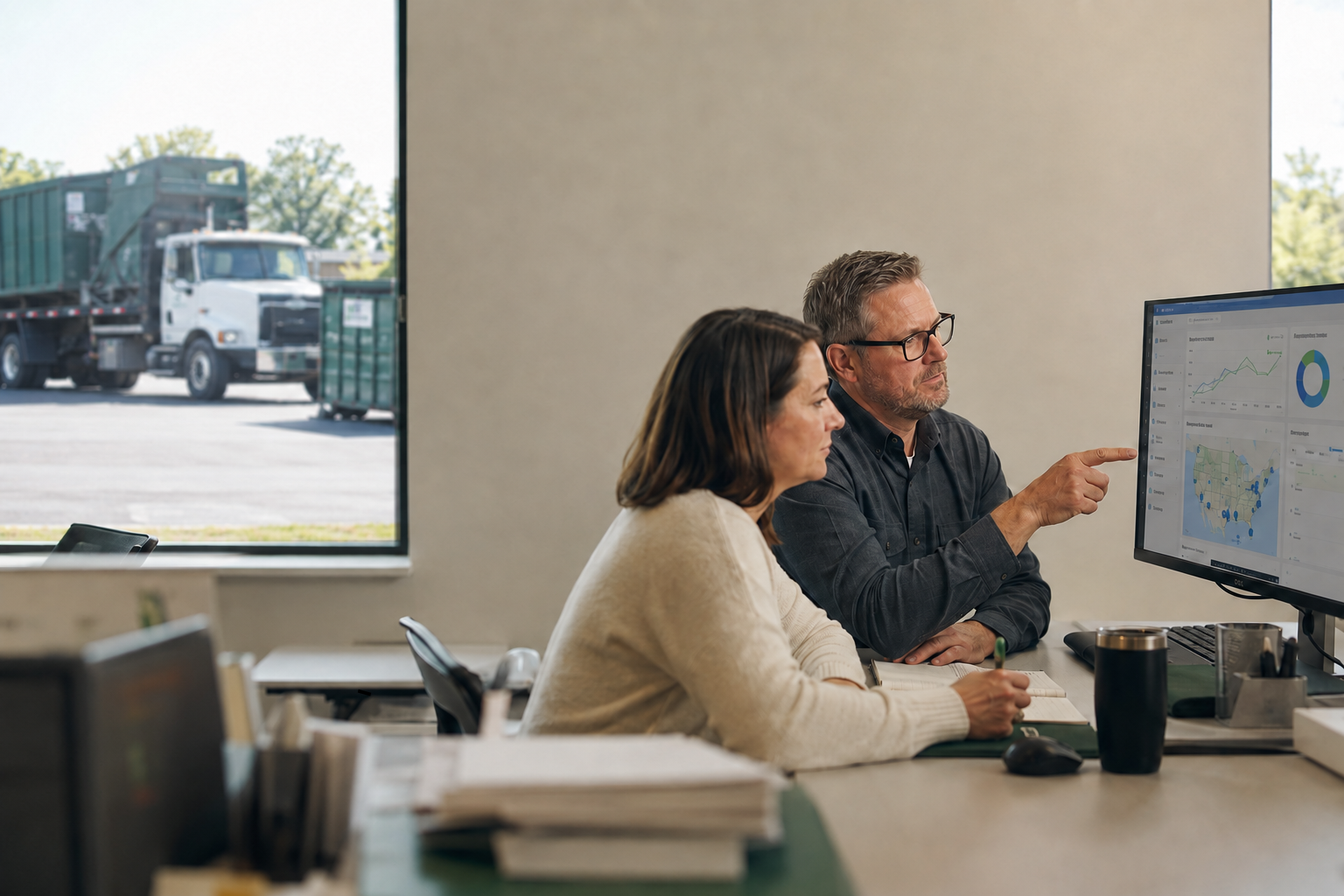 Waste brokerage professionals reviewing operational data with waste collection equipment visible outside while planning how to scale a waste brokerage.