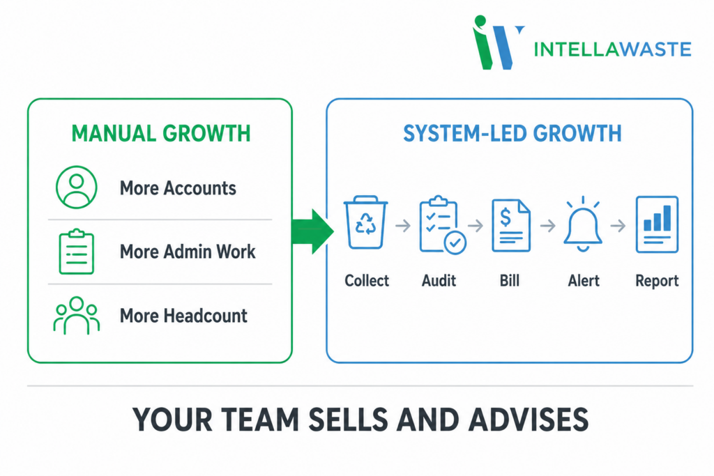 IntellaWaste infographic comparing manual growth that adds admin work and headcount with system-led growth that automates collection, auditing, billing, alerts, and reporting.