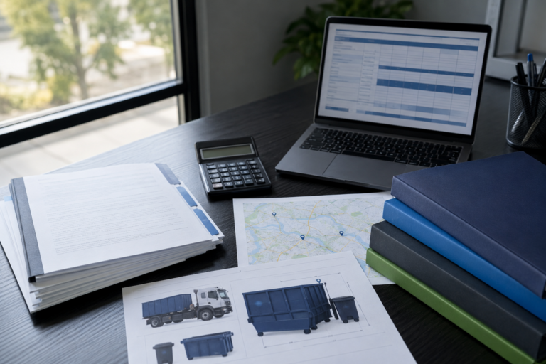 Waste management RFP documents, vendor bid folders, calculator, site map, and service comparison spreadsheet on an office desk.