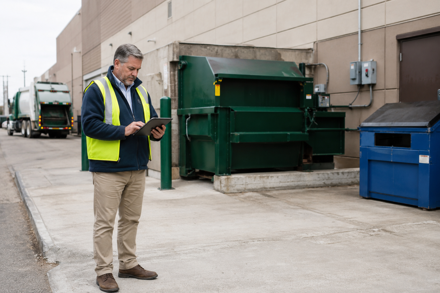 Facilities manager using waste management reporting data to review commercial waste and recycling services