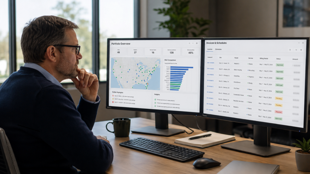 Operations leader reviewing multi-site waste costs, service schedules, and location outliers on a centralized dashboard