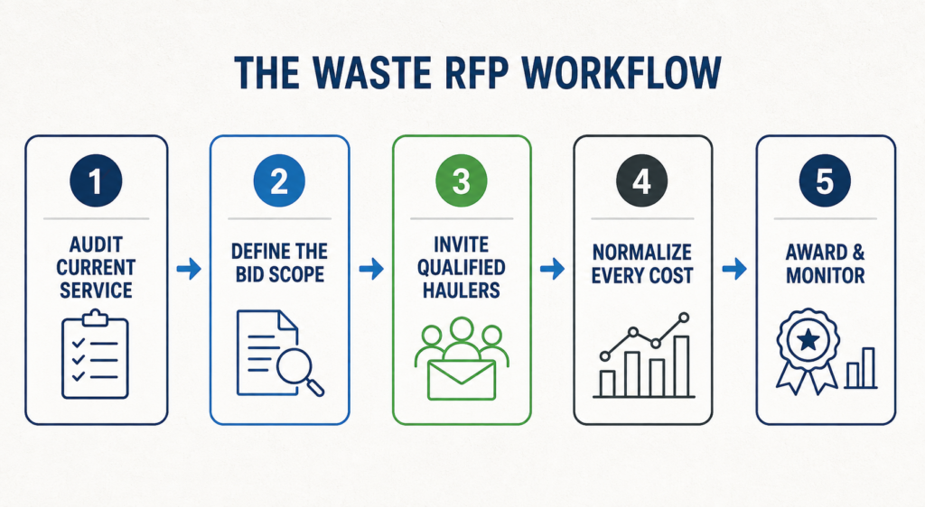 Five-step waste RFP workflow showing service audit, bid scope, qualified hauler invitations, cost normalization, and contract monitoring.