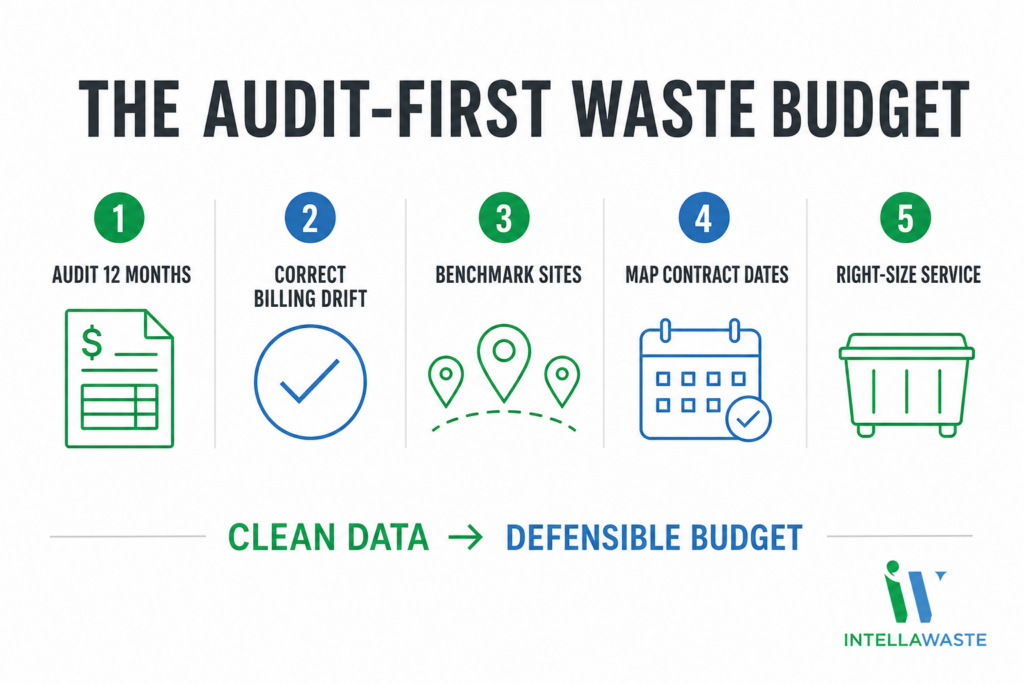 Intellawaste infographic showing five steps to audit invoices, correct billing drift, benchmark sites, map contract dates, and right-size service.