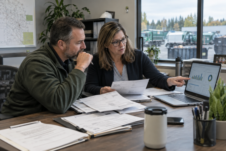 Waste operations and finance managers comparing waste management software with hauler invoices and service contracts
