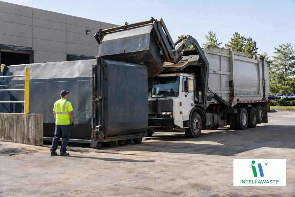 Commercial waste truck servicing a large dumpster at a business property, with IntellaWaste branding in the corner.
