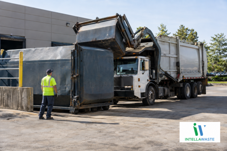 Commercial waste truck servicing a large dumpster at a business property, with IntellaWaste branding in the corner.