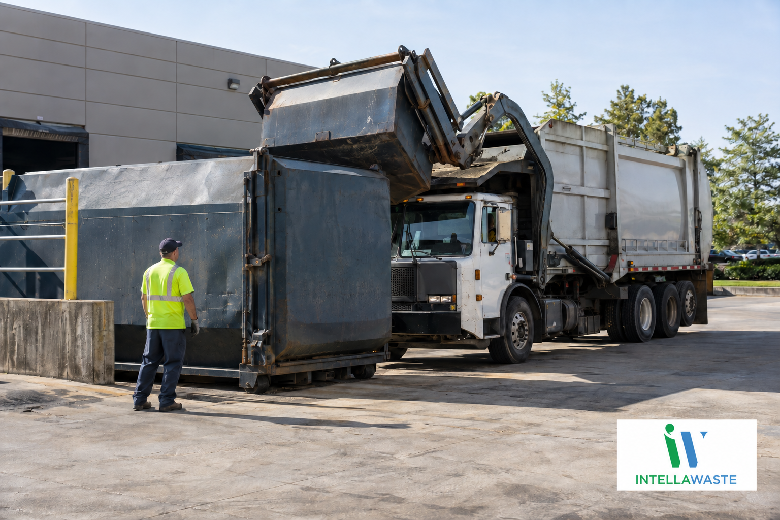 Commercial waste truck servicing a large dumpster at a business property, with IntellaWaste branding in the corner.