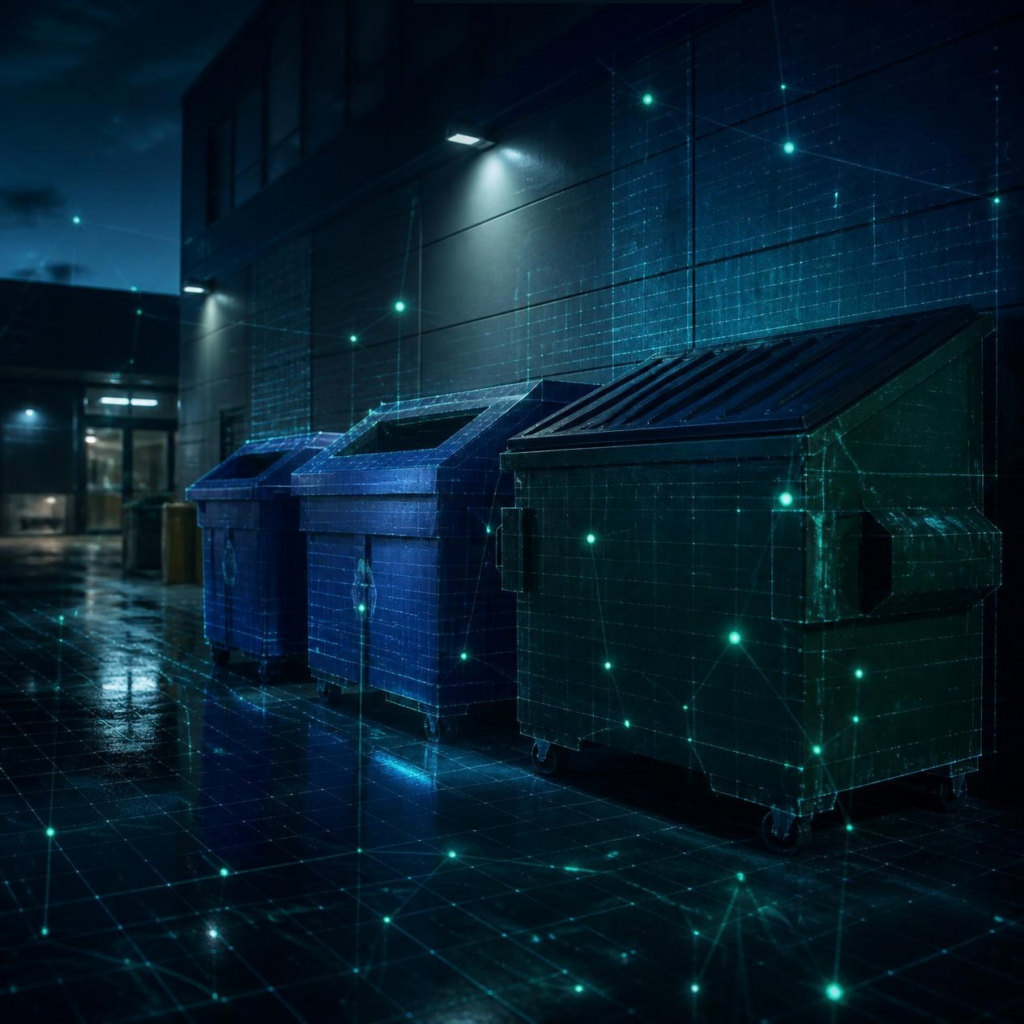 Commercial dumpsters and recycling bins outside a business at night with a glowing data grid overlay, representing waste data quality