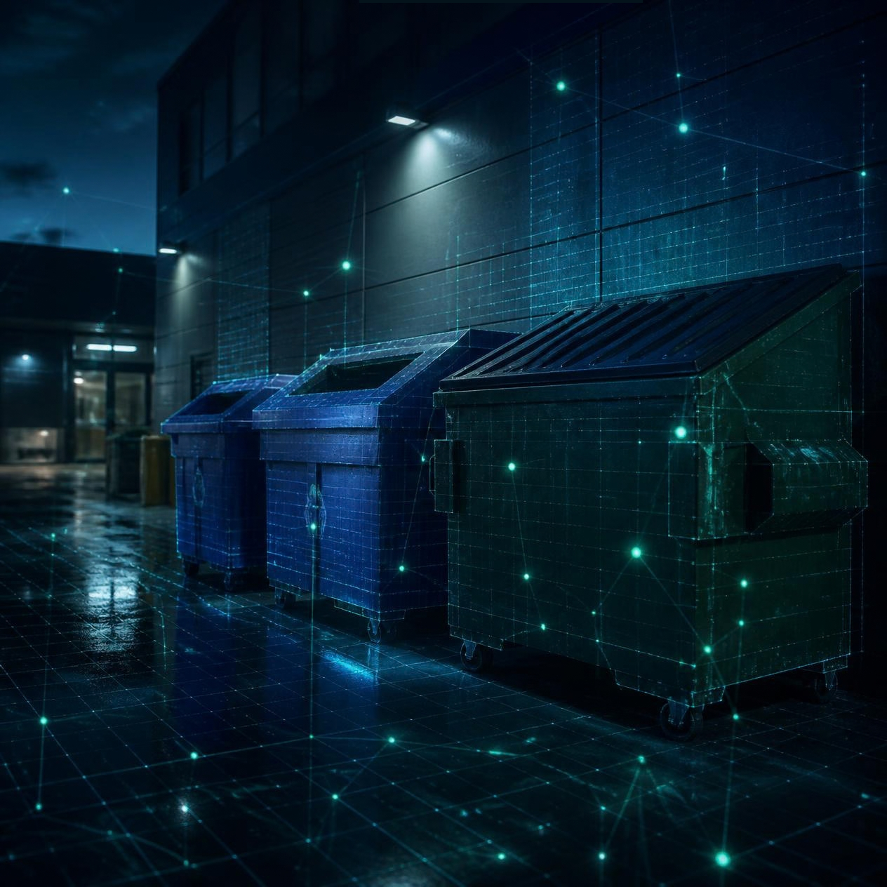 Commercial dumpsters and recycling bins outside a business at night with a glowing data grid overlay, representing waste data quality
