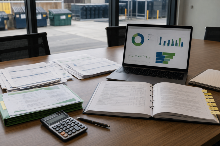 Waste management invoices, service contracts, calculator, and reporting dashboard arranged for annual budget planning.