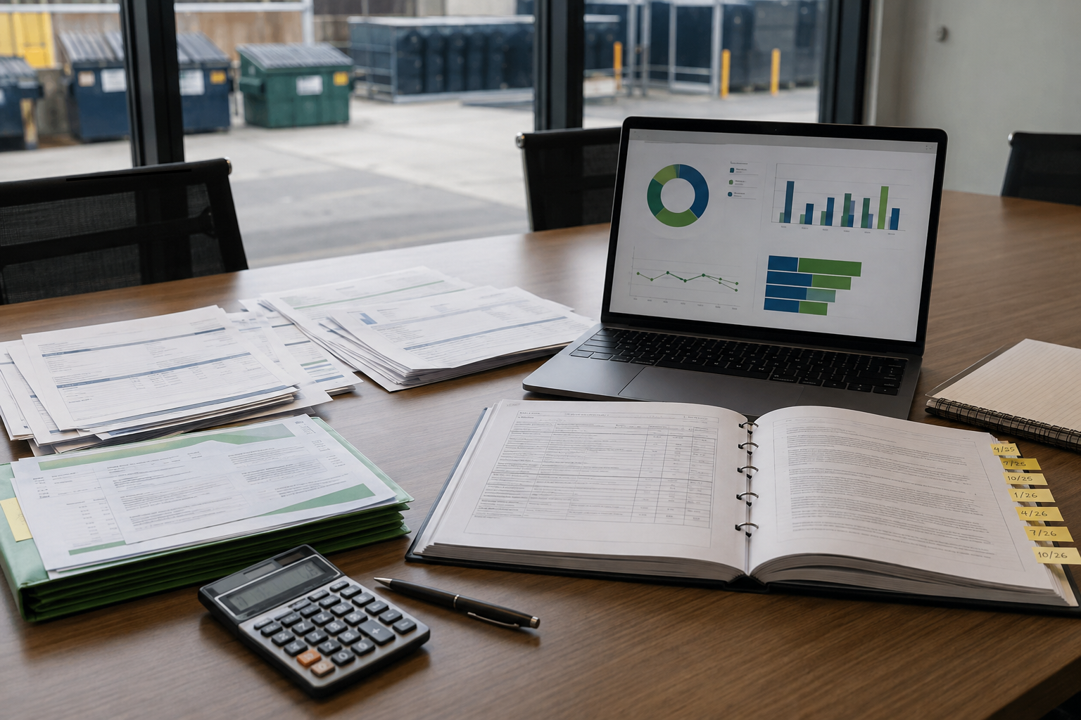 Waste management invoices, service contracts, calculator, and reporting dashboard arranged for annual budget planning.
