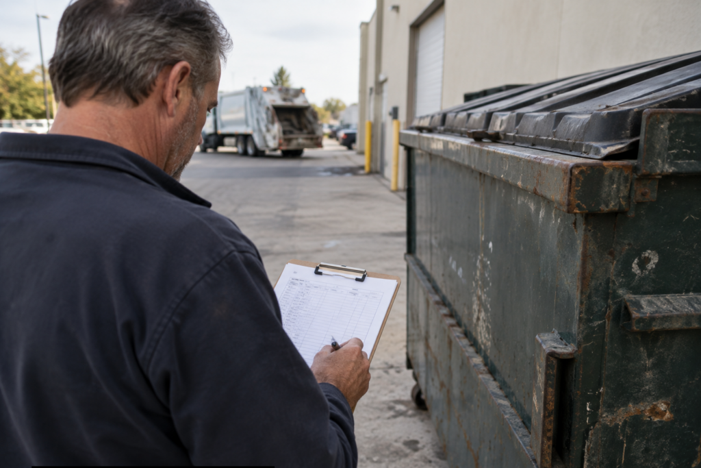 Facilities manager checking a service log beside a large commercial dumpster after a waste collection visit.