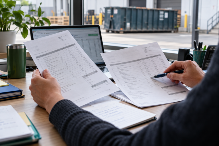 Analyst comparing waste invoice line items at a desk with a commercial dumpster visible outside.