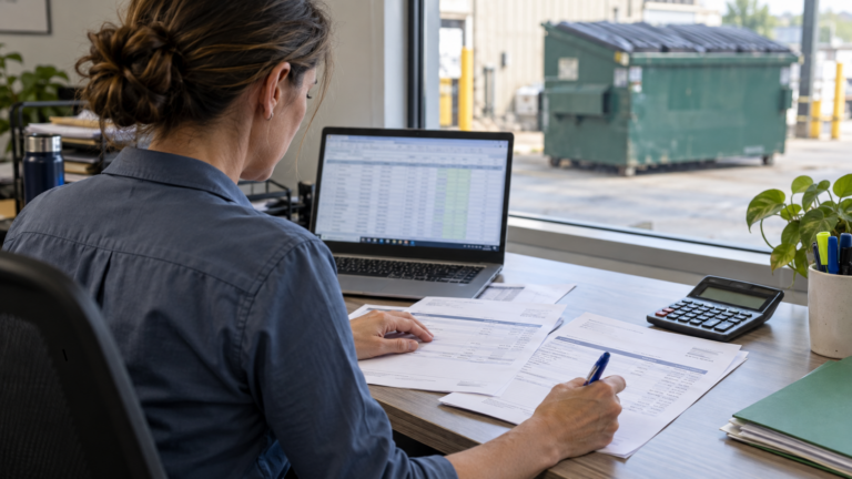 Finance manager reviewing hauler invoices and a spreadsheet during a quarterly waste spend review.