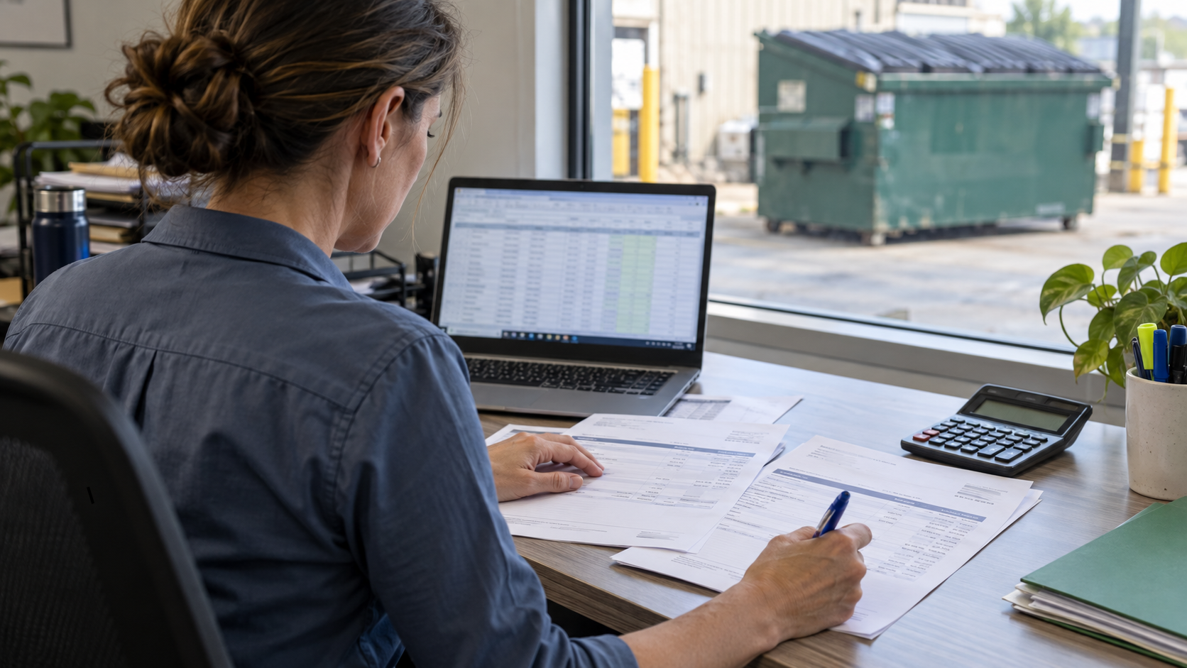 Finance manager reviewing hauler invoices and a spreadsheet during a quarterly waste spend review.