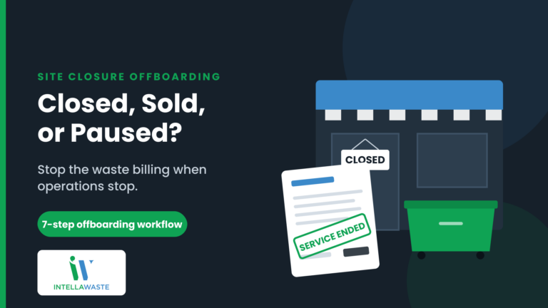 Closed storefront with a commercial dumpster and a waste invoice stamped service ended, illustrating how to stop waste billing after site closure
