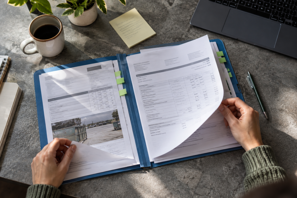Hands reviewing invoice documents and supporting service records in a blue folder with green tabs.