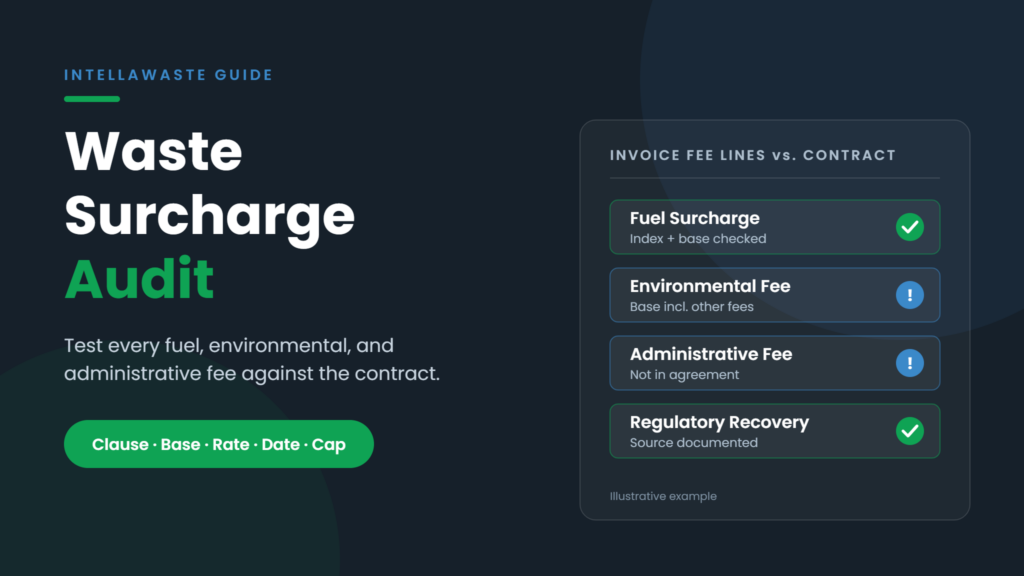 Waste surcharge audit guide comparing fuel, environmental, administrative, and regulatory fee lines against the contract